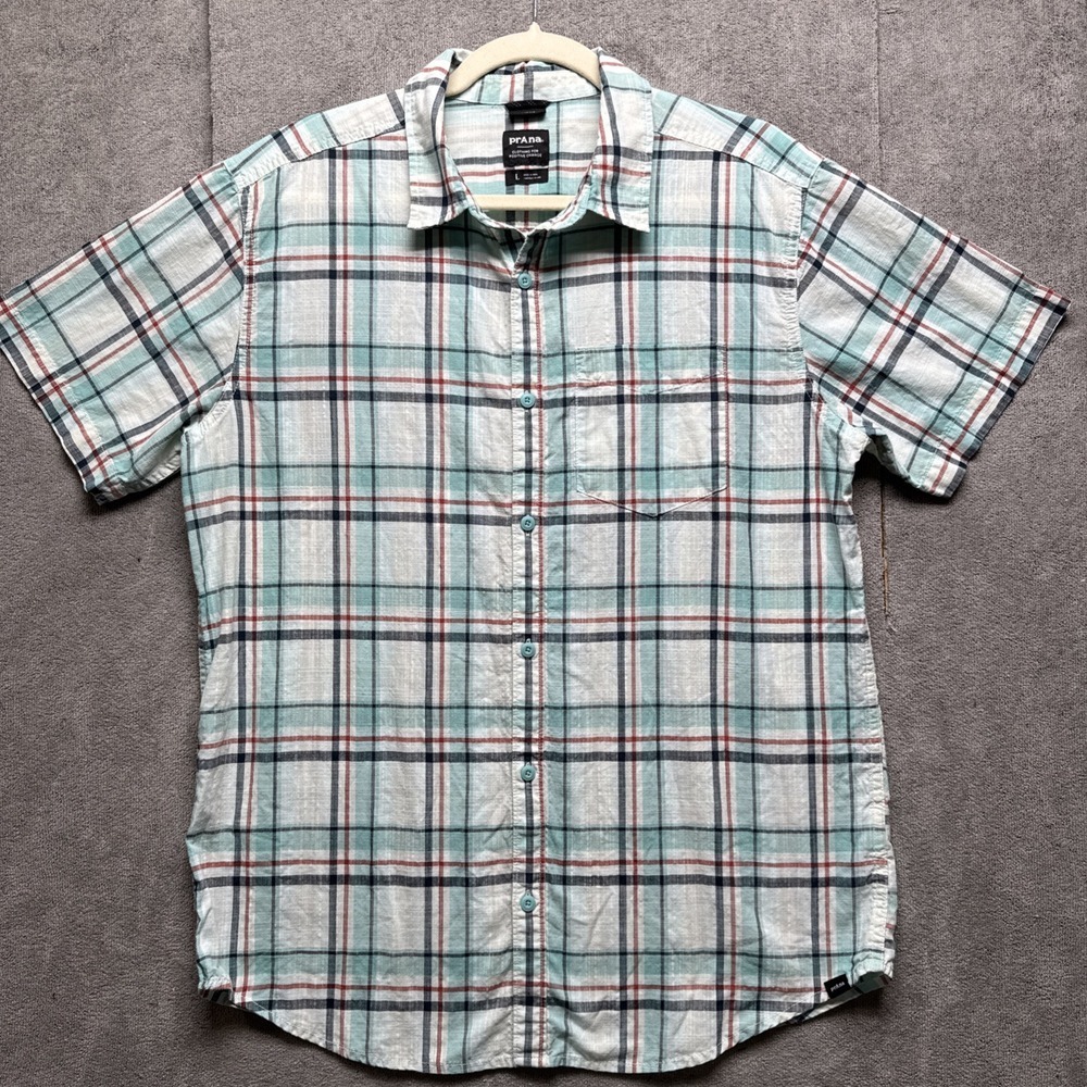 PrAna Shirt Mens L Green Plaid Short Sleeve Button Up Outdoors Stretch